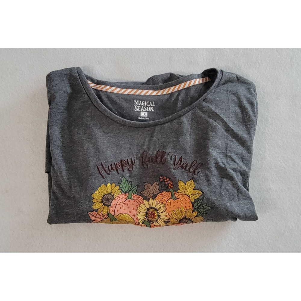 Magical Season Women's Happy Fall' Yall Pumpkin Graphic Shirt Plus 1X Gray NWT - Picture 10 of 10